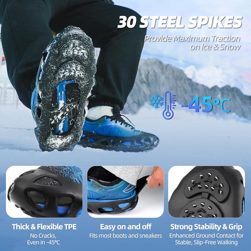 wasserflux Ice Cleats for Shoes - 30 Steel Anti-Slip Spikes, Stretchy TPE Winter Traction for Sneakers, Hiking Boots & Work Shoes - Image 2